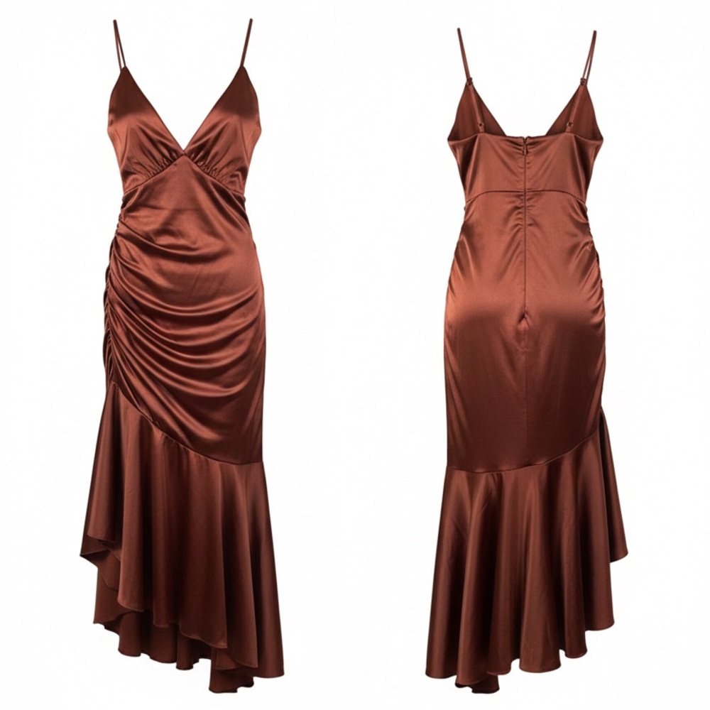 Cinnamon Asymmetric Satin Dress with Spaghetti Straps - Size 18 - David's Bridal - Picture 4 of 8